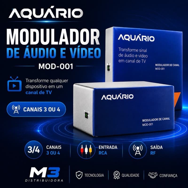 Modulador RF Aquário MOD 001 Conversor Áudio e Vídeo Canal 3 e 4 para TV