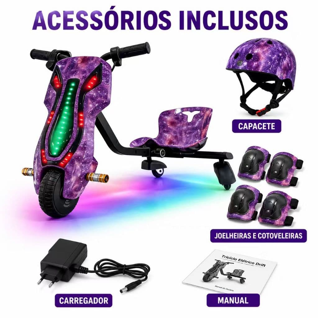 Triciclo Elétrico Drift Infantil 8 Polegadas 350W LED Bluetooth 3 Velocidades