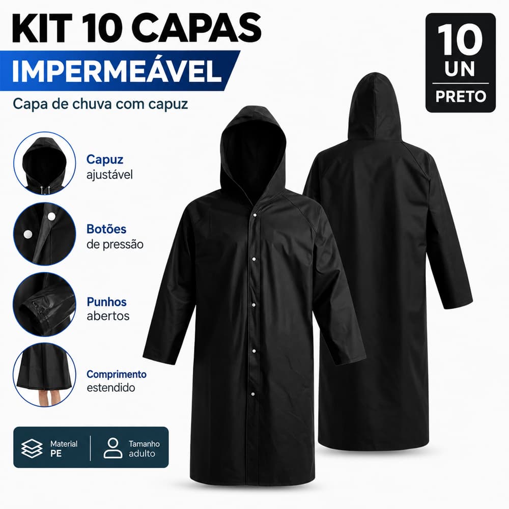 Kit 10 Capas de Chuva Impermeáveis EVA Forradas Com Capuz Resistente Proteção EPI Unissex Adulto