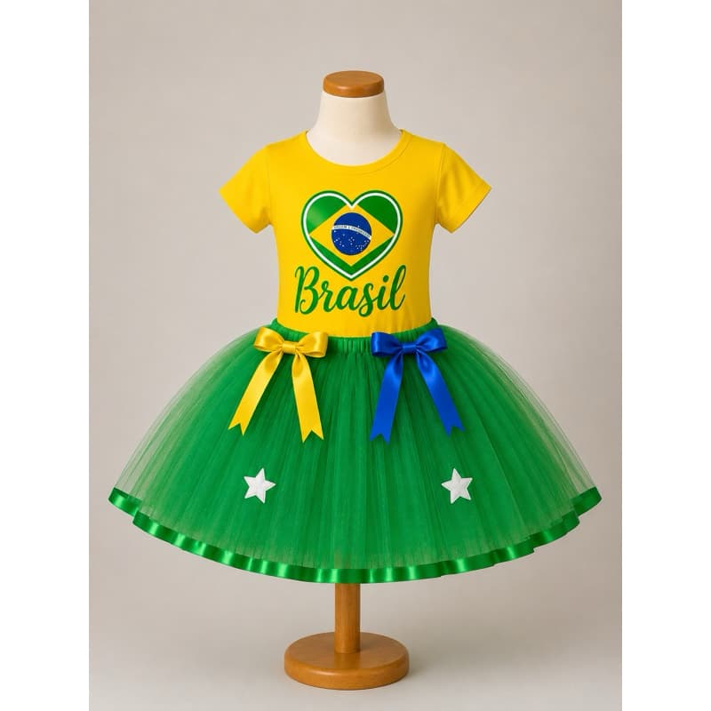 Fantasia Brasil Copa do mundo infantil blusa Brasil menina apresentação escola países saia tutu verde