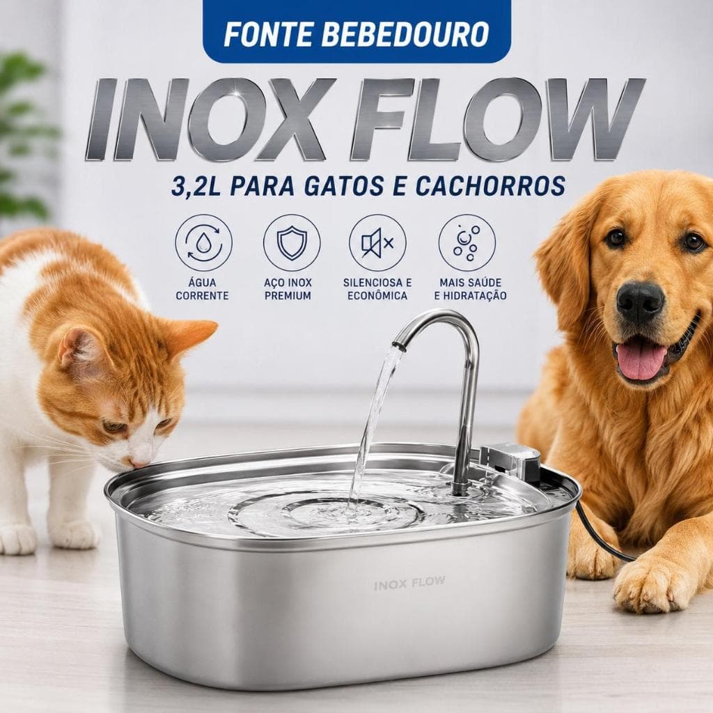 Fonte Bebedouro Inox para Gatos e Cachorros 3,2L Automática Silenciosa Água Corrente 100% Aço Inox Flow