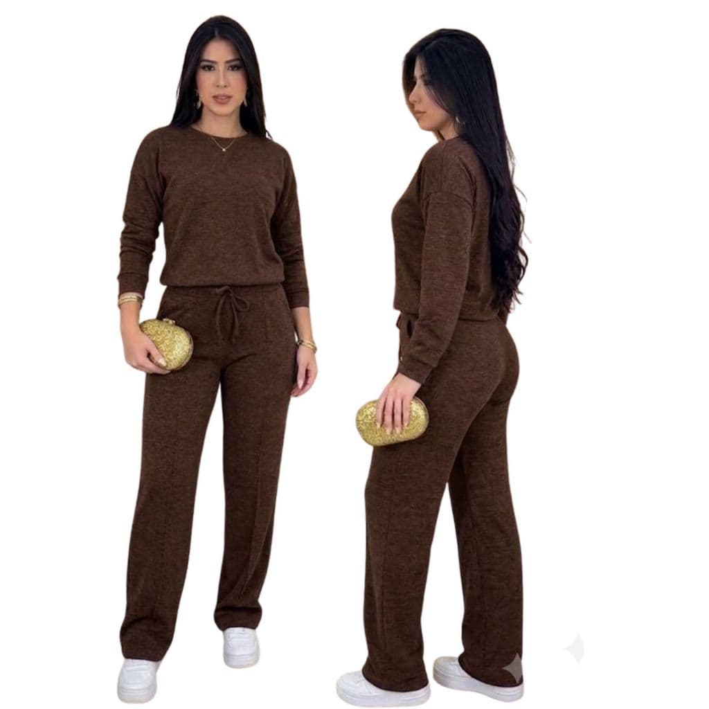 Conjunto Femenino Malla Lanzinha Ribi canelada 2 Peças Blusa e Pantalona Ideal para Inverno