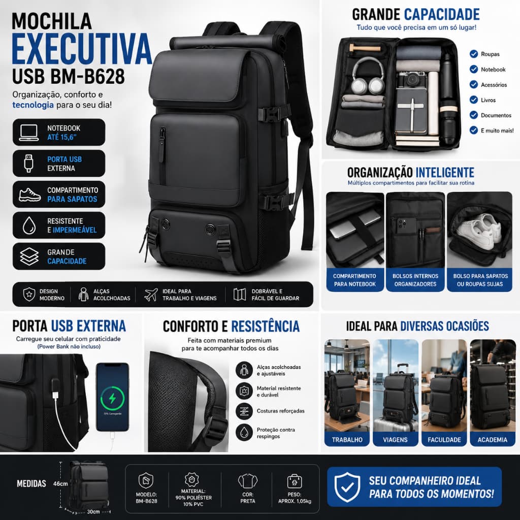 Mochila Executiva Viagem Dobrável USB - BM-B628