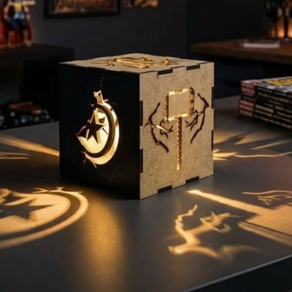 Luminária Caixa Cubo Com Led Marvel Decorativo Personagens E Símbolos Em MDF