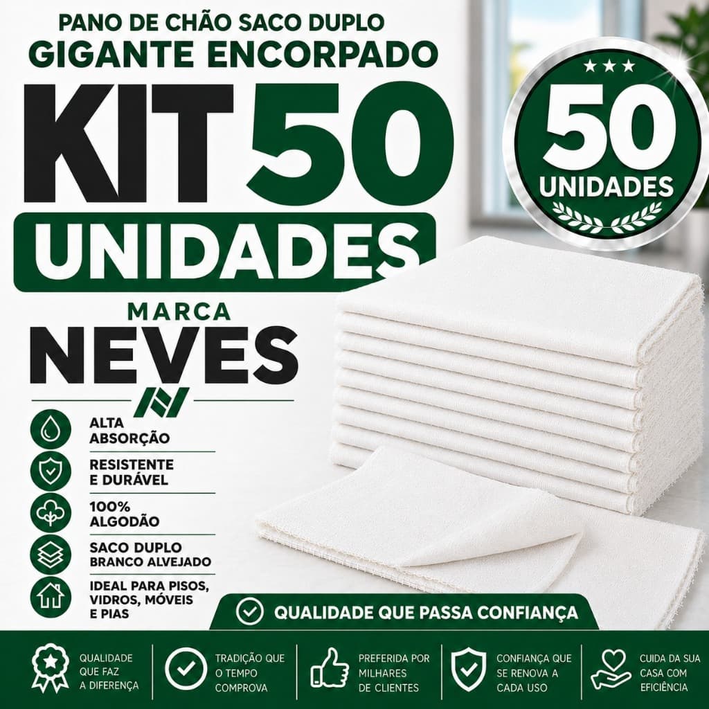 Pano De Chão Gigante Branco 40x80 Cm Encorpado Neves 100% Algodão Duplo 90Gr Saco Duplo Alvejado
