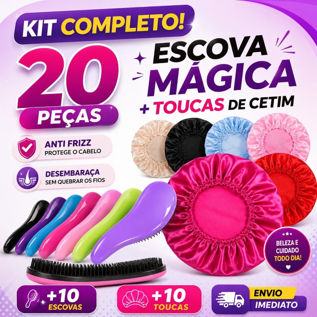 KIT COM 10 Escovas Mágica + 10 Toucas Anti Frizz, Escolha sua Cor Preferida