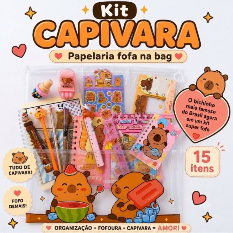 Papelaria fofa criativa Kit Capivara escolar escrito 15 Itens Cadernos Adesivos Canetas  Post it Cenário Presente Kawaii