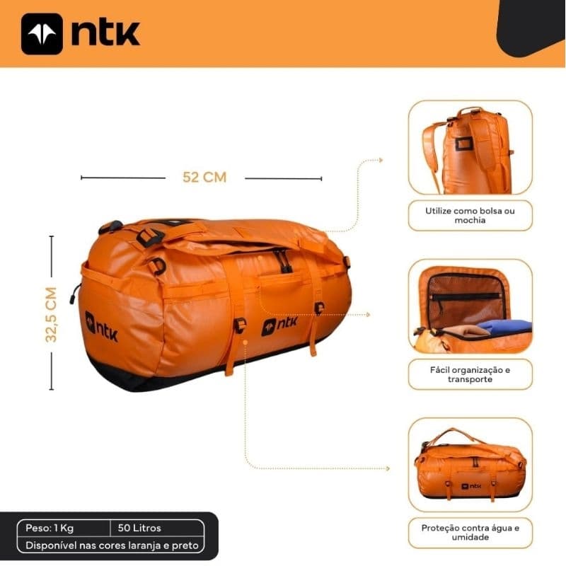 Mochila Duffle Bag 50L Laranja para Viagens Camping 206060 Nautika