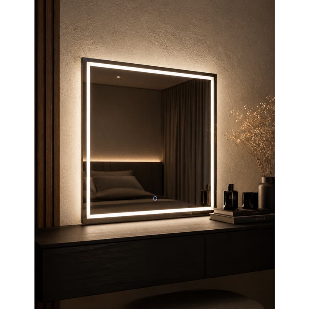 Espelho Quadrado LED com Botão Touch 3 Temperaturas Estilo Pinterest para Penteadeira