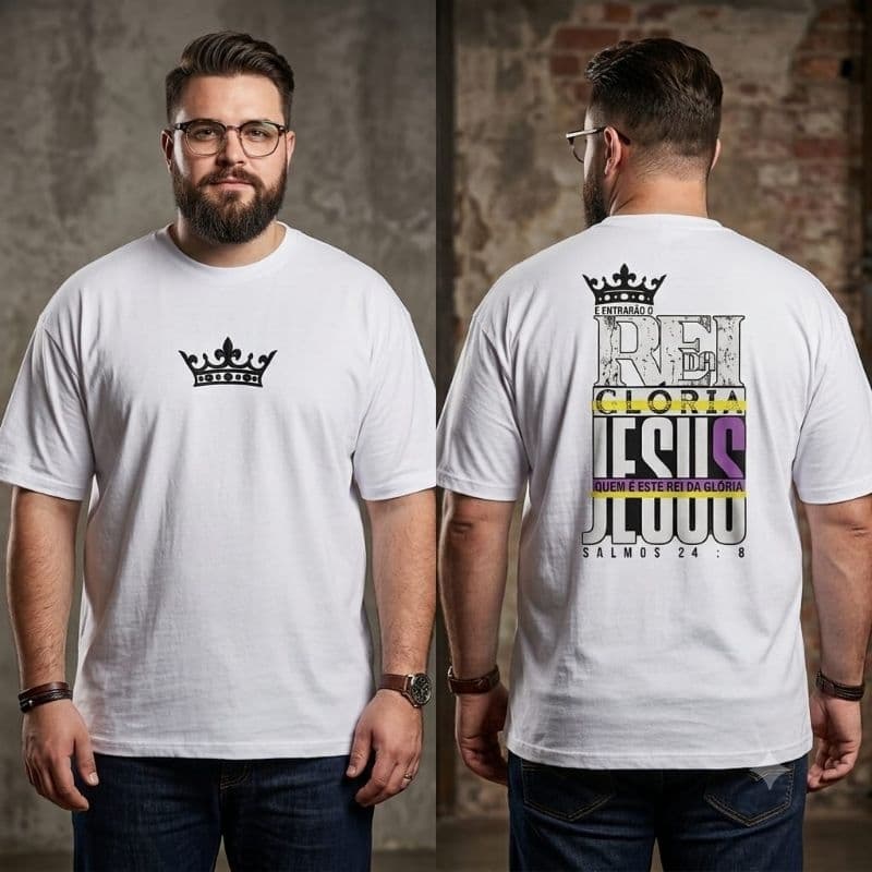 Camiseta Plus Size Cristã Oversized Rei da Glória Estampa Costas Streetwear Masculina Vintage Original Fé Edição Premium