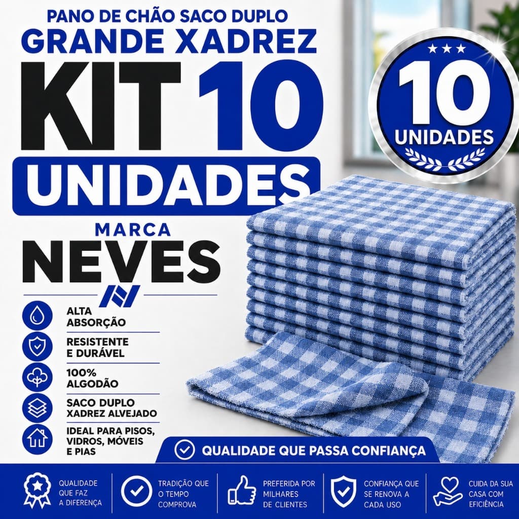 Kit com 10 Panos de Chão Grande 70x40cm - Saco Duplo Xadrez Azul Alvejado  - Neves - Revenda - EV
