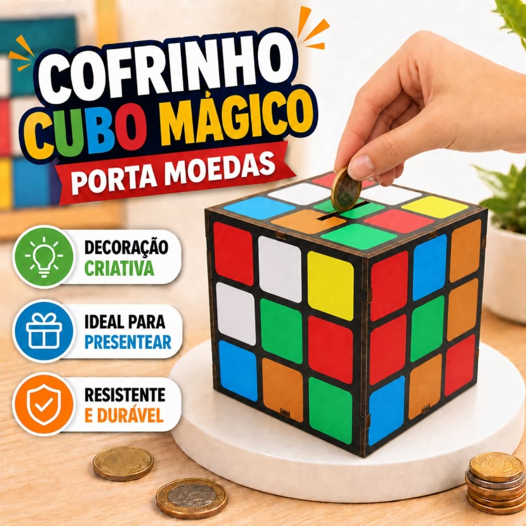 Cofrinho Cubo Mágico MDF Porta Moedas Cofre Decorativo Infantil Casa Escritório Presente Criativo