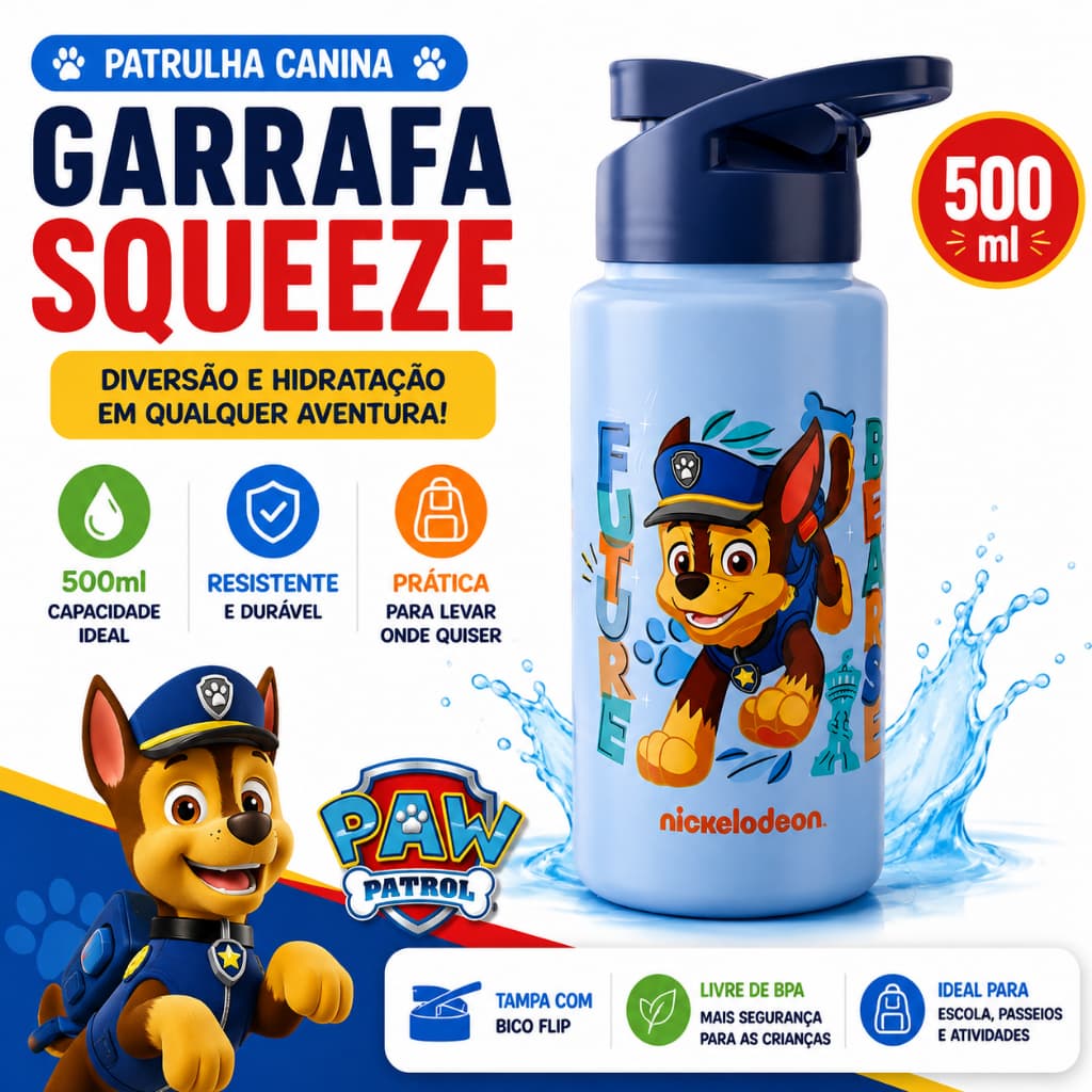 Garrafa De água 500ml Chase Patrulha Canina Infantil Decorada para Volta às Aulas Resistente