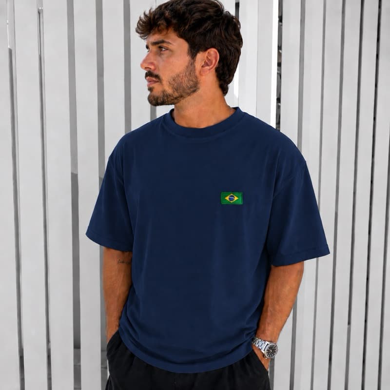 Camiseta Bandeira do Brasil Bordada Premium 100% Algodão Camiseta Amarela bandeira do Brasil Camiseta Masculina