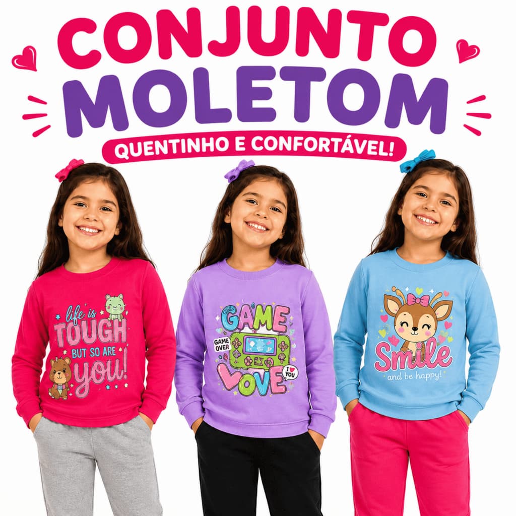 Conjunto Moletom Infantil Quentinho Menina Inverno 1 ao 8 Manga Longa Blusa Calça