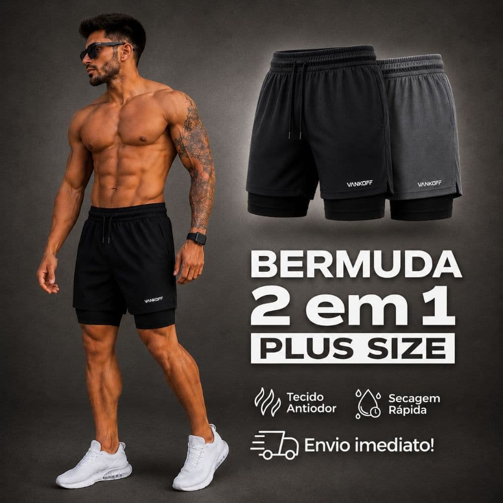 Kit 2 Shorts 2 em 1 Masculinos Plus Size Vankoff Secagem Rápida Para Academia e Treino