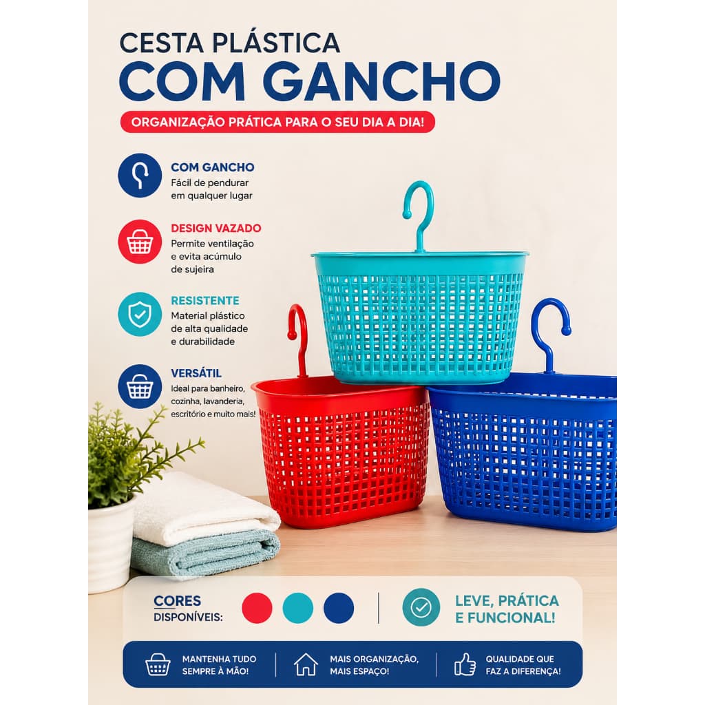 Cesto Organizadores de Pregadores Plasnorthon – Gancho Giratório, Colorido e Resistente