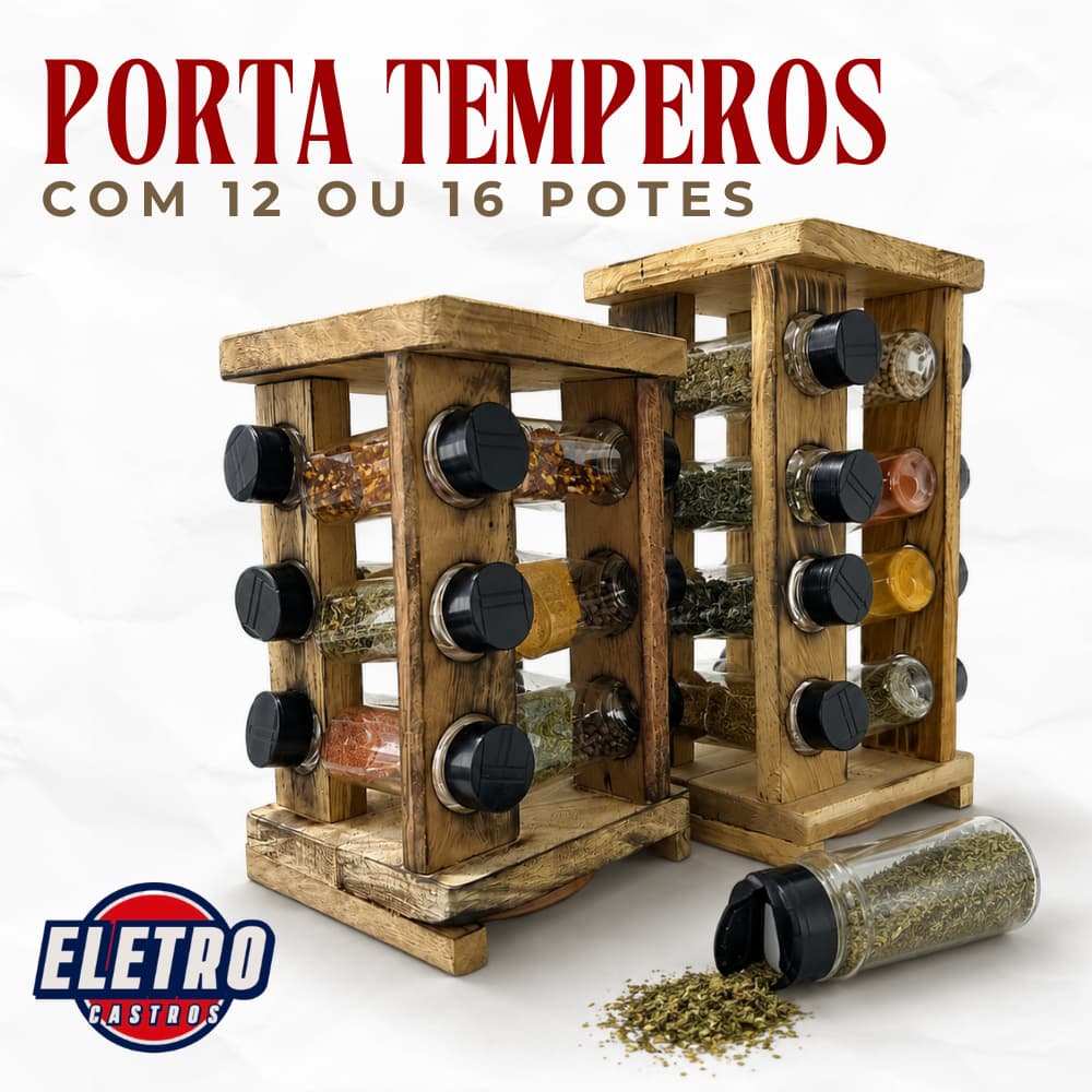 Porta Temperos Giratório de Madeira com Potes plásticos e Adesivos Organizadores