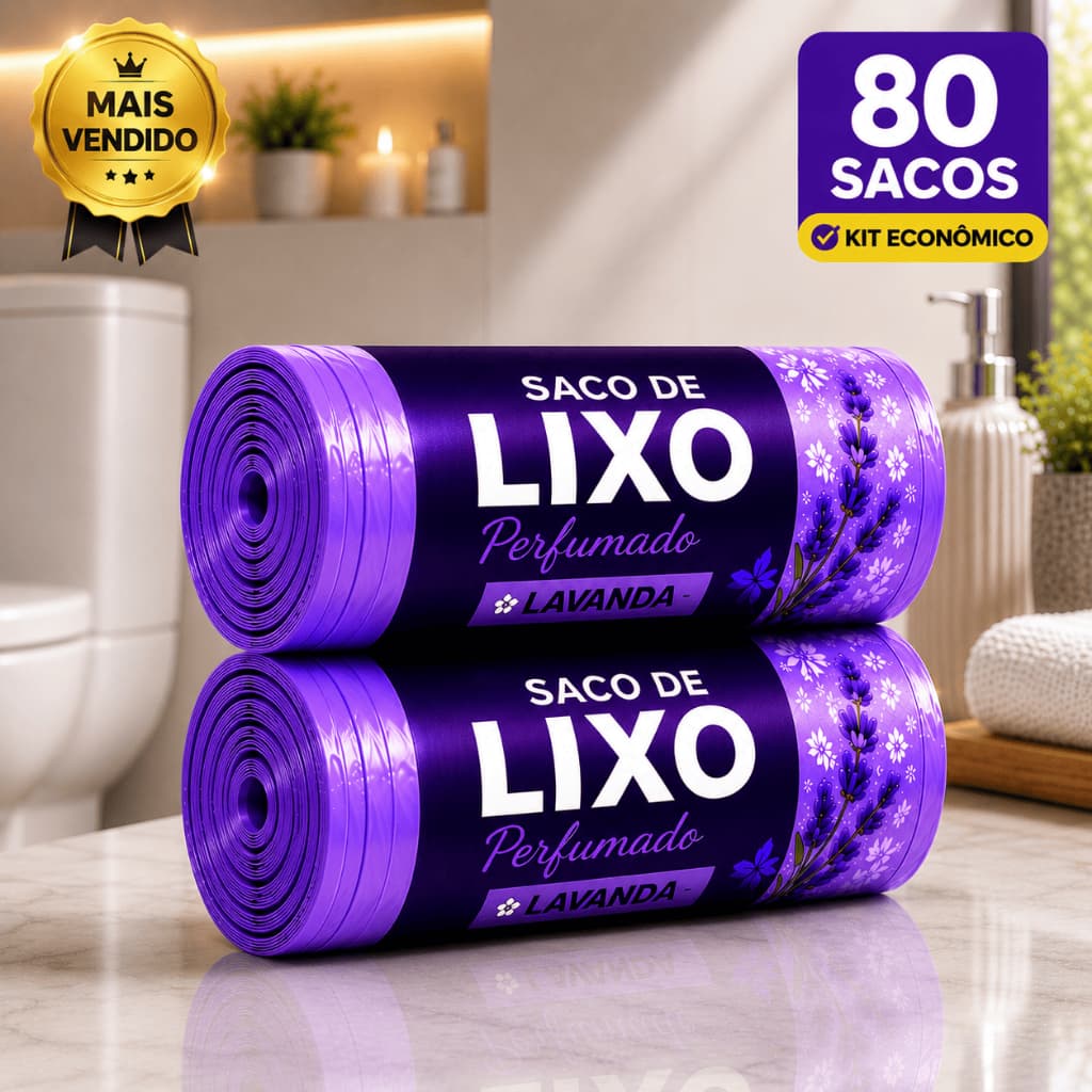 Kit 2 Rolos Saco de Lixo Perfumado Lavanda 80 Sacos Resistente Bobina Picotada 10L Cozinha Banheiro