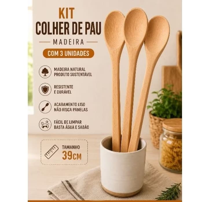 Kit  com 3 Unidades  Colher de Pau Madeira 39cm