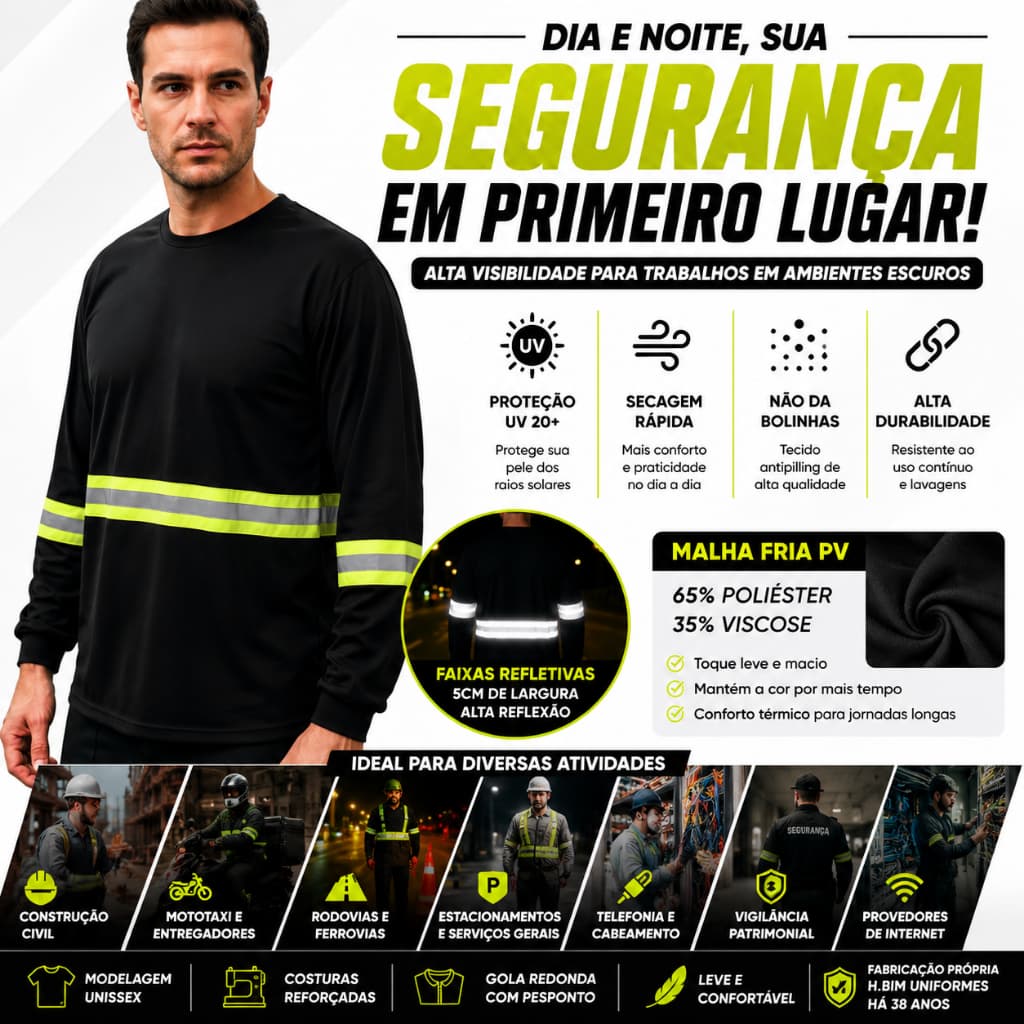 Camiseta Manga Longa Com Faixa Refletiva Malha Fria Trabalho Uniforme Rodovia Obra Uso Profissional
