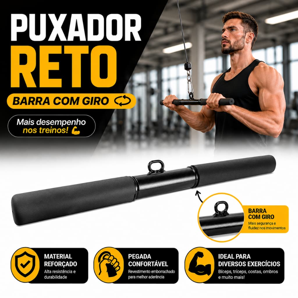 Puxador Barra Reta Giro Crossover Triceps Bíceps Academia Musculação Polia Pegada Emborrachada Gym