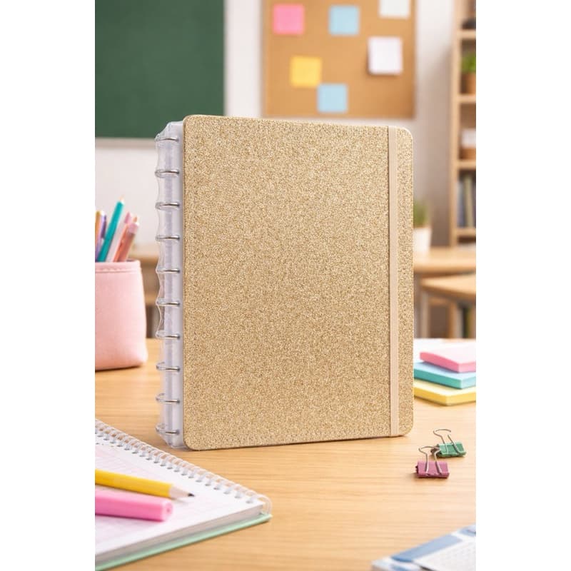 Caderno Shine Capa Dura Grande G Discos Reposicionáveis Universitário dourado 80 Refilável Planner