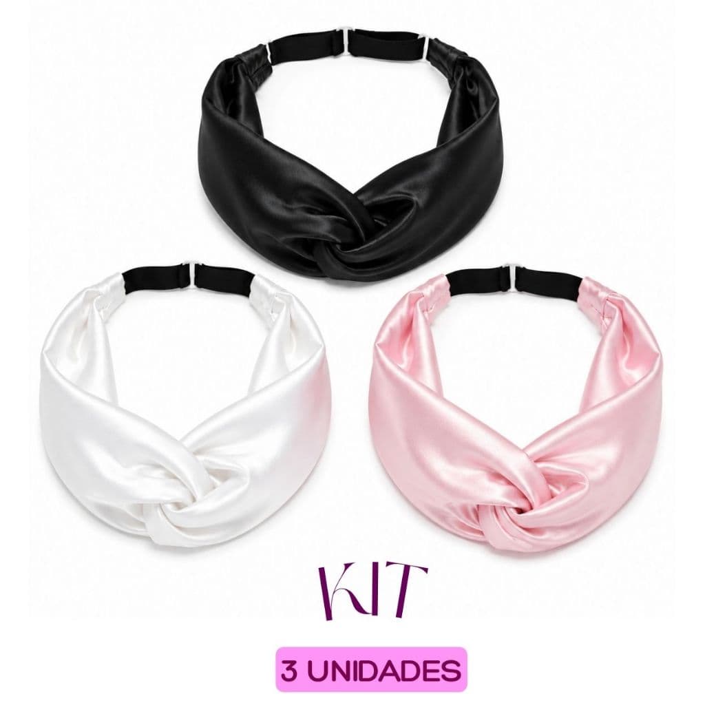 03 Faixas / Tiara de Cetim Luxo – Macia, Confortável e Estilosa nas cores Preto, Branco e Rosa