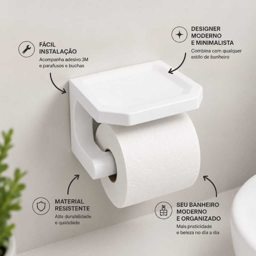 PORTA PAPEL HIGIÊNICO COM PRATELEIRA | 2 OPÇÕES DE INSTALAÇÃO |ADESIVO 3M PARAFUSO E BUCHAS.