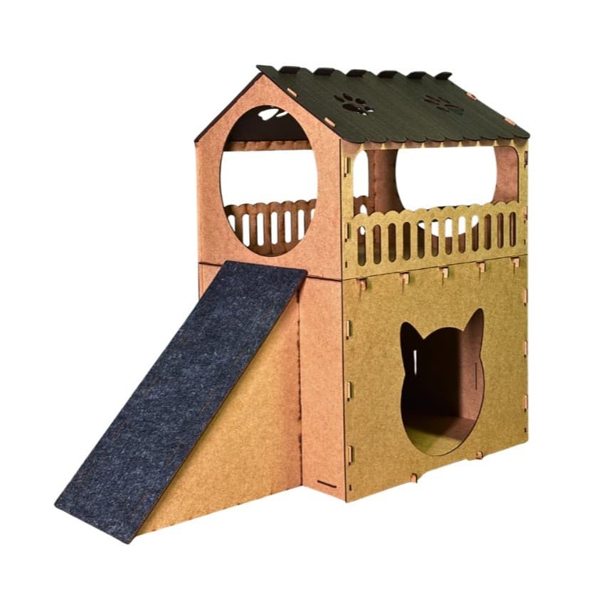 Arranhador Toca Casinha para Gatos Rampa Antiestresse Playground Casa de Gato 2 Andares Mdf