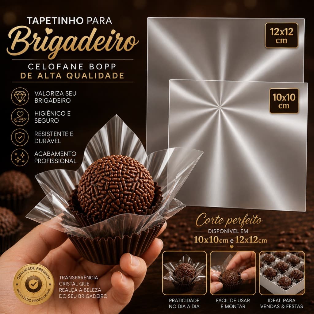 Folhas de Celofane BOPP Transparente 10x10 e 12x12 |Brigadeiro, Brownie, Bombom| Kits com 100,250,500
