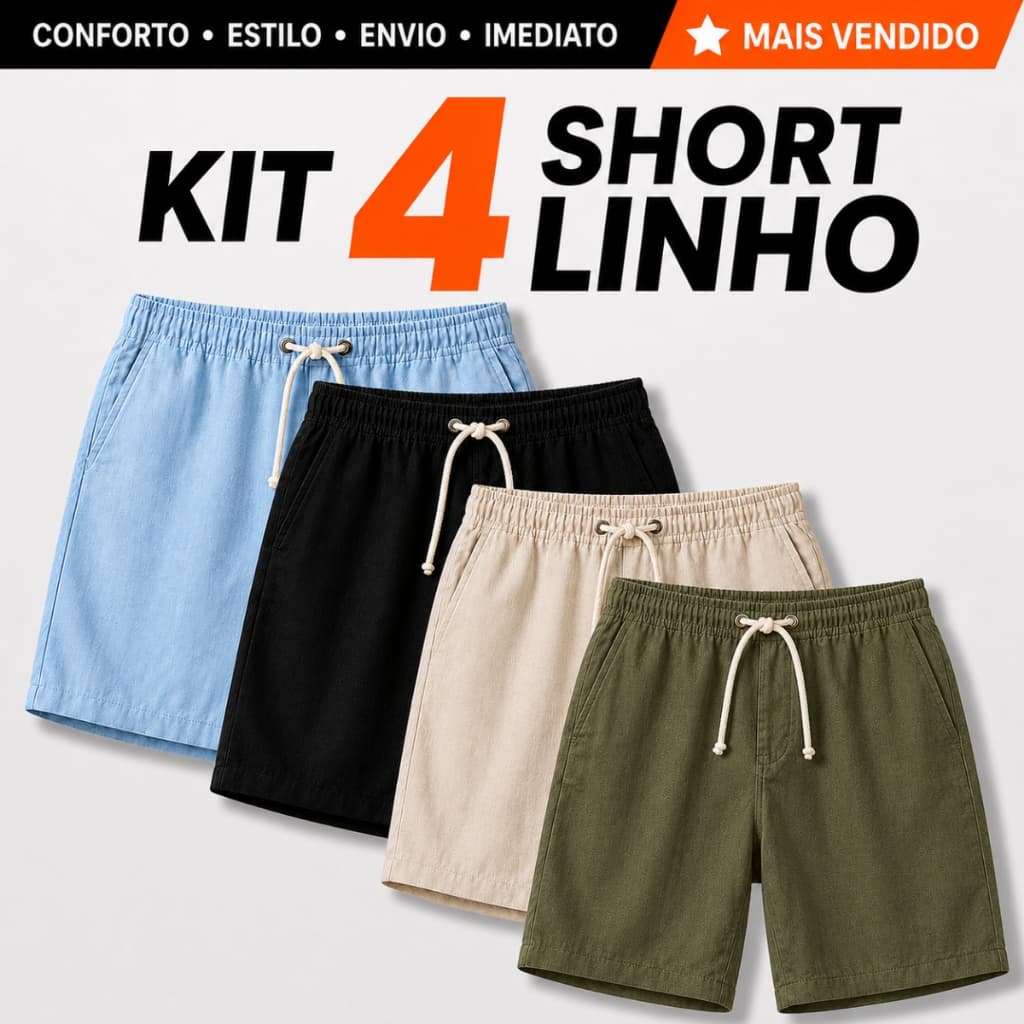 Kit 4 Short Linho Masculino Bermuda Mauricinho Cores Variadas Casual Praia Verão Elástico Cordão