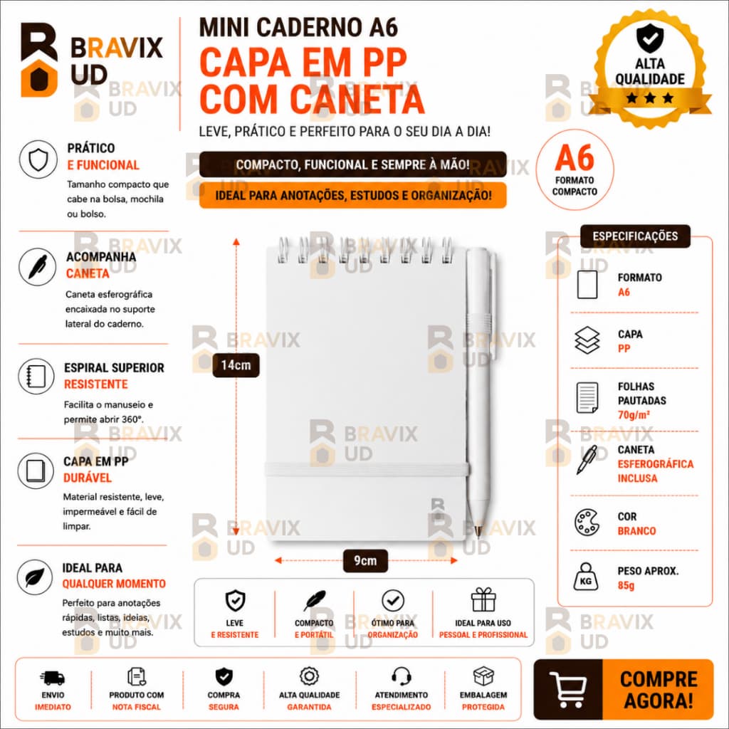 Mini Caderno A6 Capa em PP Com Caneta Suporte Caneta