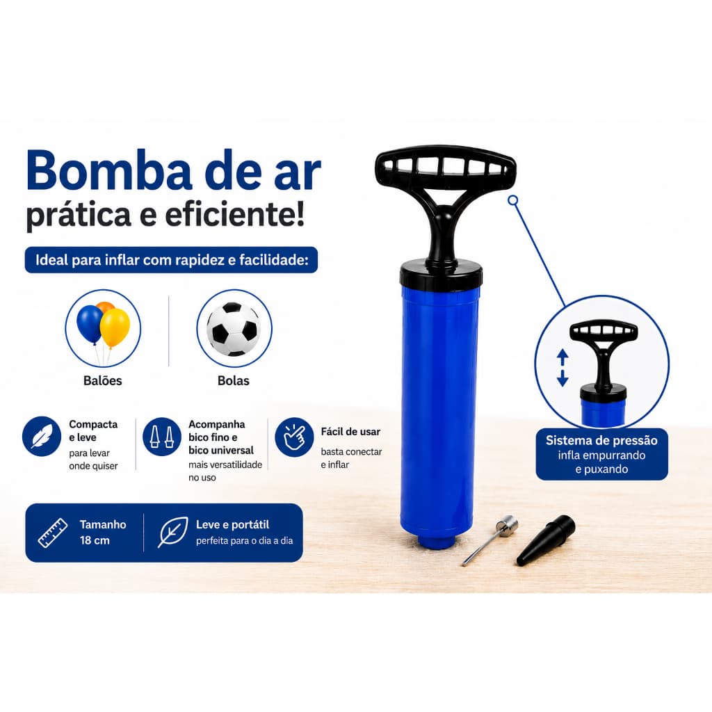 Bomba de Ar Manual Portátil Multiuso para Bolas, Balões e Infláveis com Bico Universal e Bico Agulha