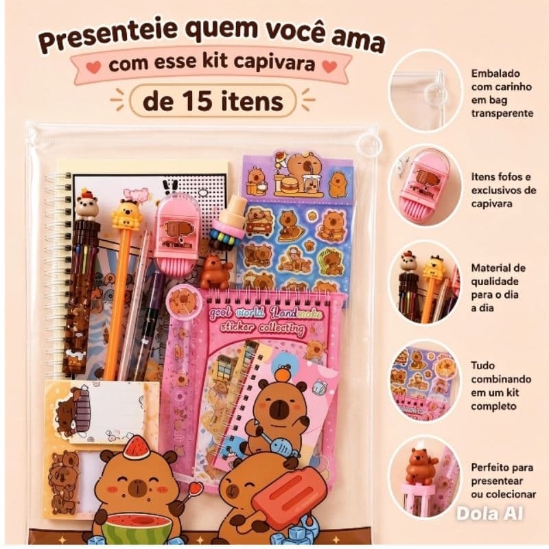 Papelaria criativa Capivara Kawaii Papelaria Fofa Completa 15 Itens Exclusivos (Cadernos, Canetas, Post-it, Marca Texto)
