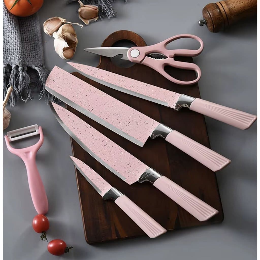 Kit Facas Cozinha 6 Pçs Rosa aço Inox Alta Qualidade C/ Amolador