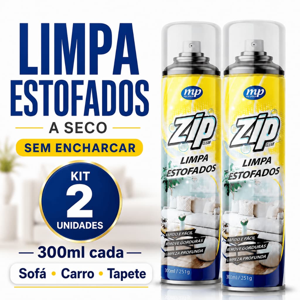 Kit 2 Spray Zip Clean Limpa Estofados 300ml Sofá Banco de Carro Tapete Limpeza a Seco Profunda