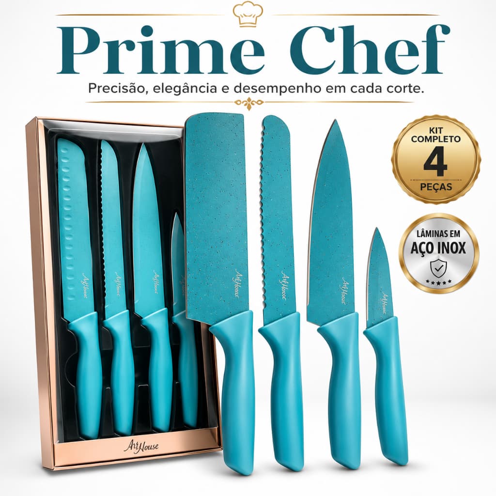 Kit Facas Inox 4 Peças Prime Chef Profissional Aço Inox Cabo Ergonômico Antiderrapante