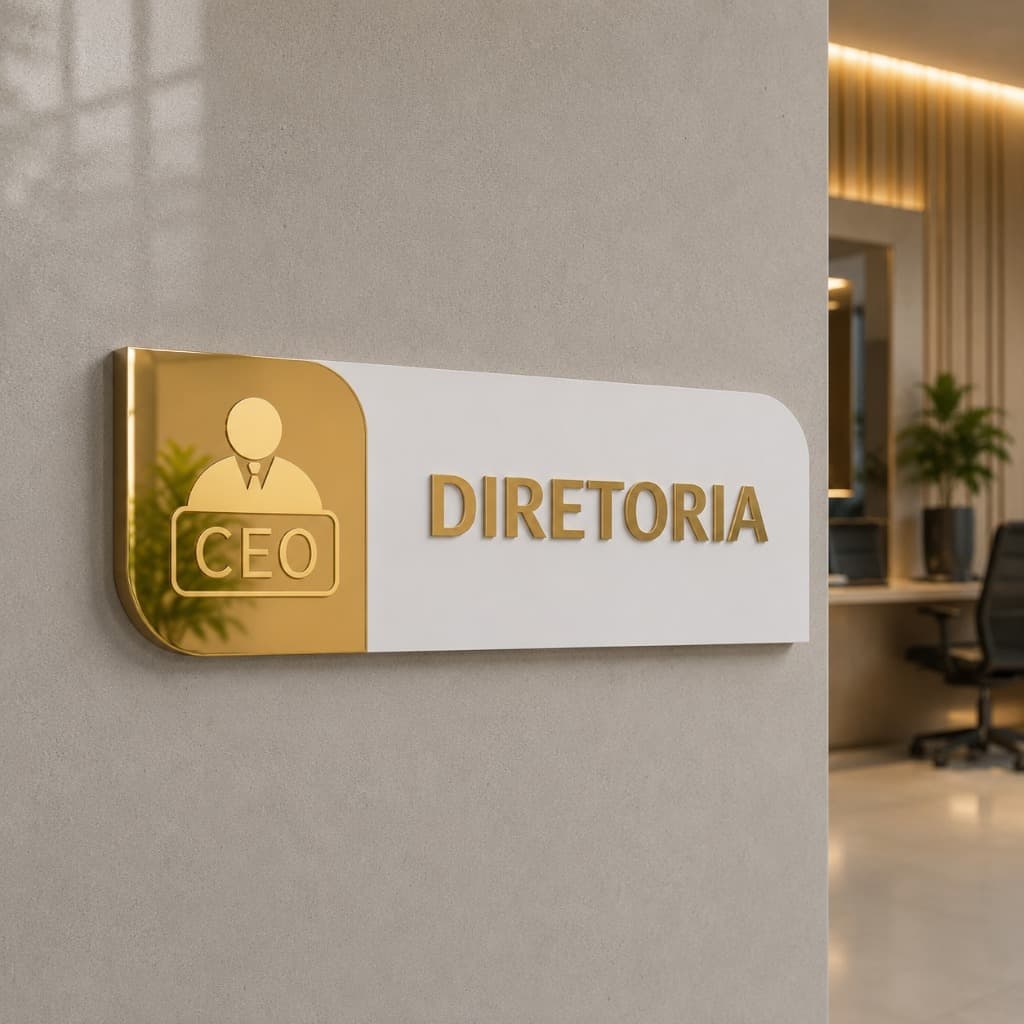 Placa Sinalização Indicativa Diretoria MDF com Acrílico Espelhado Sala Escritório Decoração