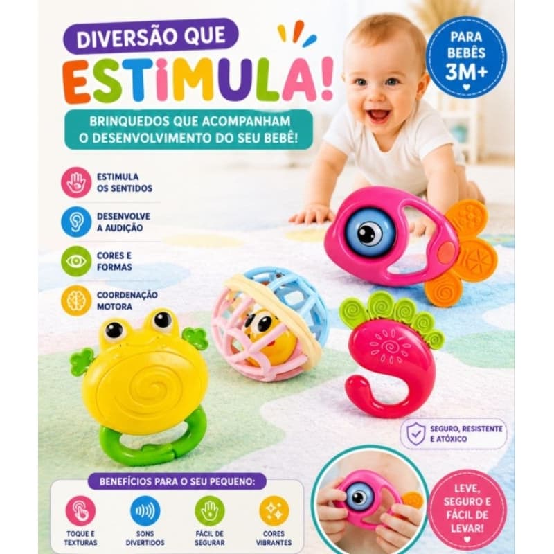 Brinquedo para Bebê - Kit com 4  Chocalhos e Mordedor