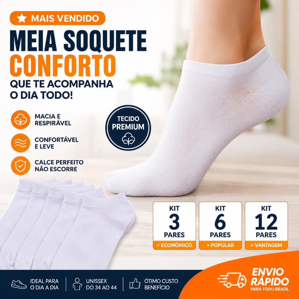 Kit 3, 6, 12 Pares de Meias Soquete Unissex Cano Curto Conforto