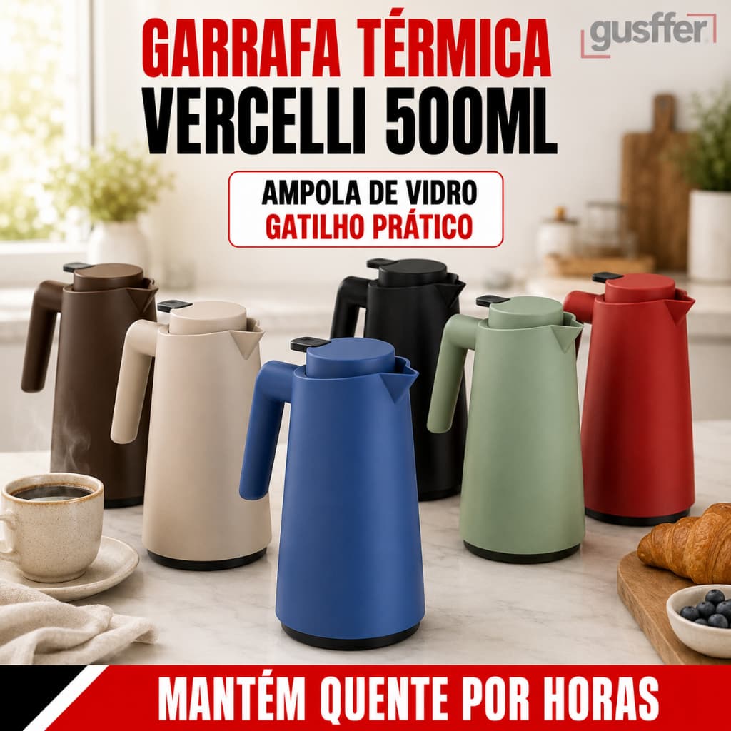 Garrafa Térmica Vercelli 500ml Unitermi Bule com Gatilho Ampola de Vidro Café Chá Escritório Cozinha