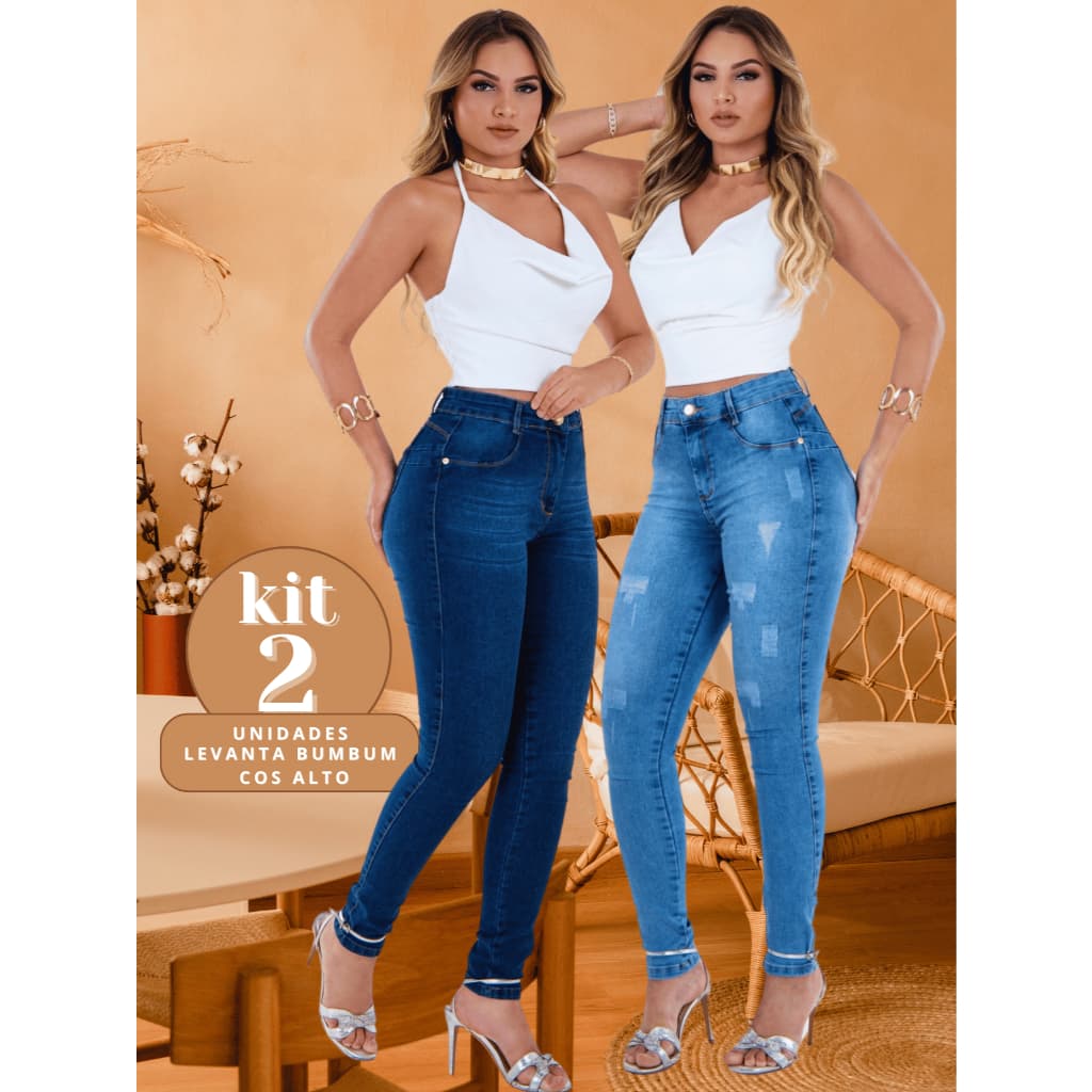 Kit 2 Calças Jeans Feminina Skinny Bigode e Puido claro Cintura Alta Efeito Levanta Bumbum