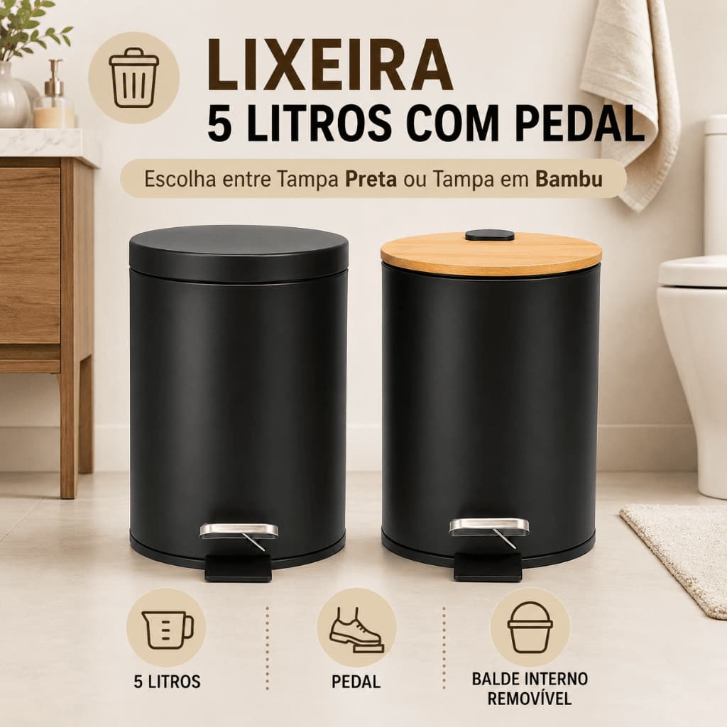 Lixeira 5L com Pedal e Tampa | Preta ou Bambu | Banheiro, Lavabo ou Cozinha