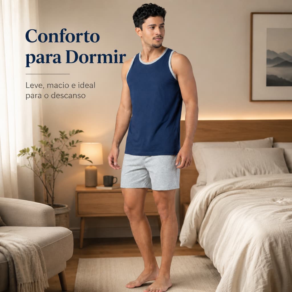 Pijama Masculino Verão Regata com Shorts 100% Algodão Leve e Confortável