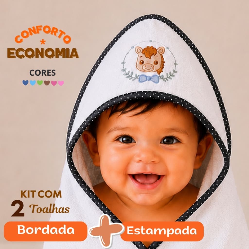 Kit com 2 Toalhas de Banho Bebê com Capuz, Bordada mais Estampada, Macia e Confortável, para Menino e Menina