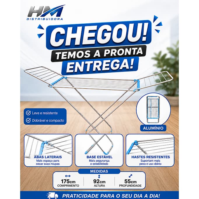 Varal de Chão Dobrável Alumínio com Abas Laterais Leve Resistente Compacto 175cm