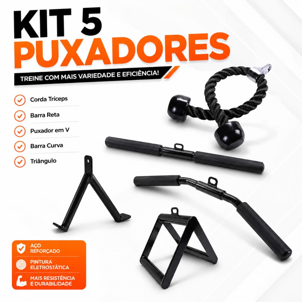 Kit 5 Puxadores Barra Curva Reta Croda Tríceps Triângulo Remada Puxador V Academia Musculação Treino