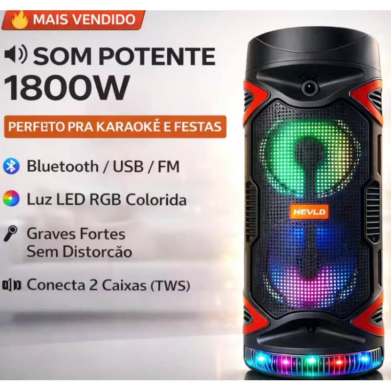 Caixa de Som 1800W Potente Bluetooth Karaokê RGB 2 Alto-Falantes 6.5" Som Alto Grave Forte