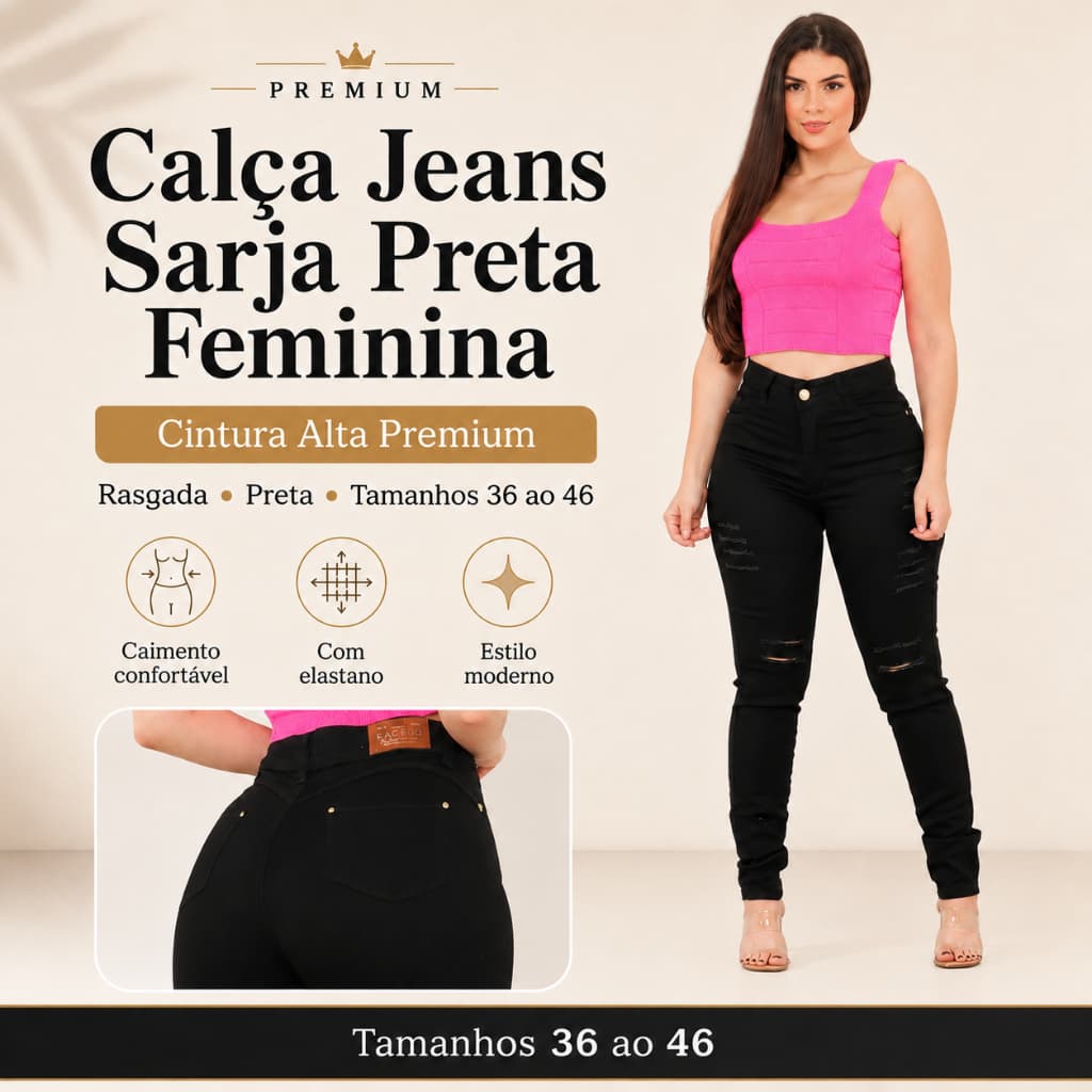 Calça jeans sarja Preta feminina cintura alta rasgada Premium